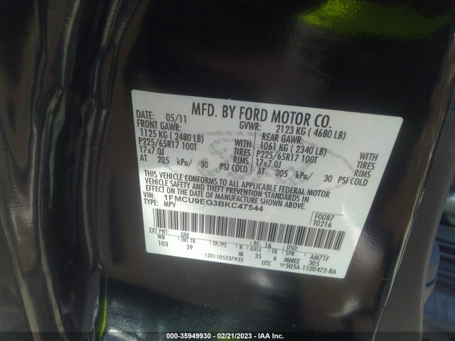 2011 FORD ESCAPE LIMITED VIN: 1FMCU9EG3BKC47544