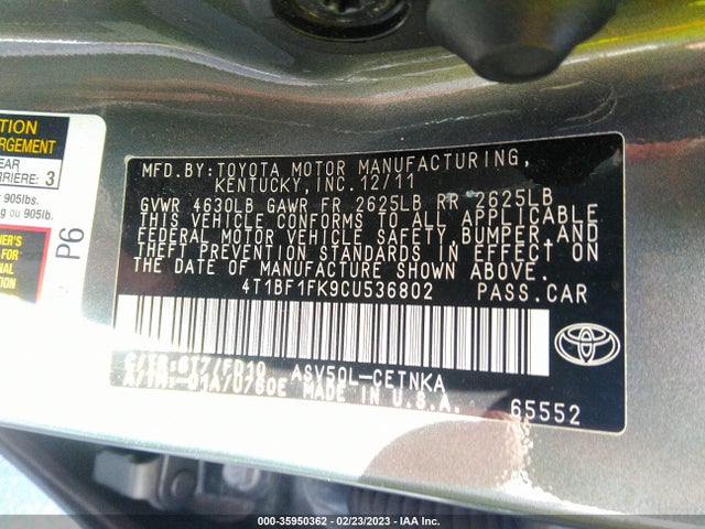 2012 TOYOTA CAMRY L/LE/SE/XLE VIN: 4T1BF1FK9CU536802