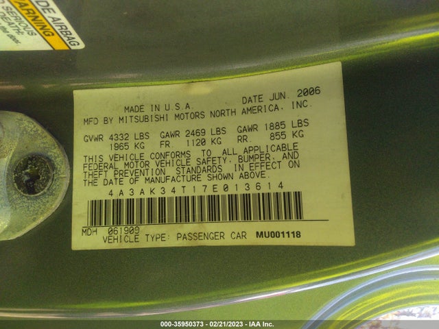 4A3AK34T17E013614 Mitsubishi ECLIPSE GT