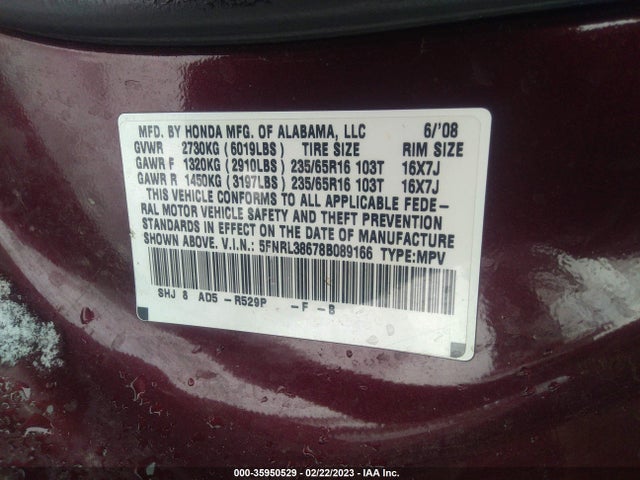 Honda Odyssey Ex-l 2008 5FNRL38678B089166 Image 10