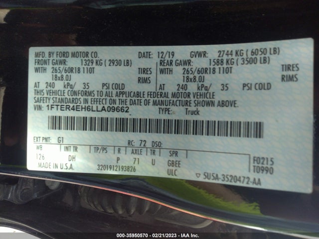 2020 Ford Ranger, VIN: 1FTER4EH6LLA09662