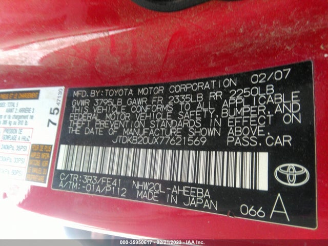 2007 TOYOTA PRIUS VIN: JTDKB20UX77621569