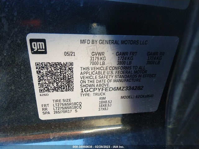 2021 CHEVROLET SILVERADO 1500 LT TRAIL BOSS VIN: 1GCPYFED6MZ334282