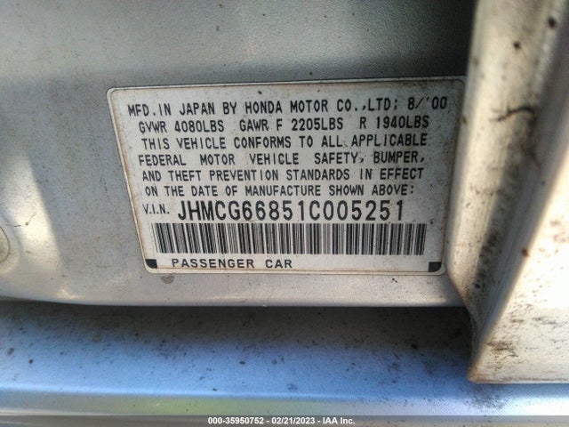 2001 HONDA ACCORD SDN EX VIN: JHMCG66851C005251