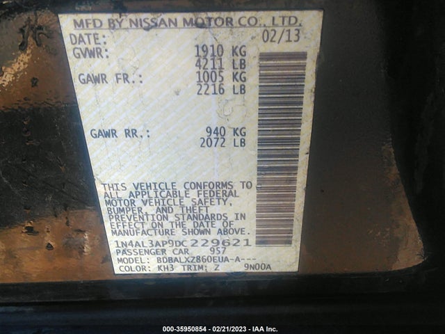 2013 NISSAN ALTIMA 2.5 SL VIN: 1N4AL3AP9DC229621