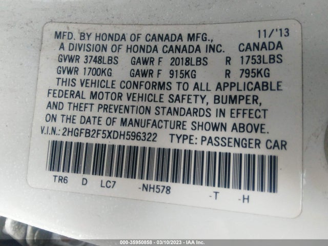 2013 HONDA CIVIC SDN LX VIN: 2HGFB2F5XDH596322