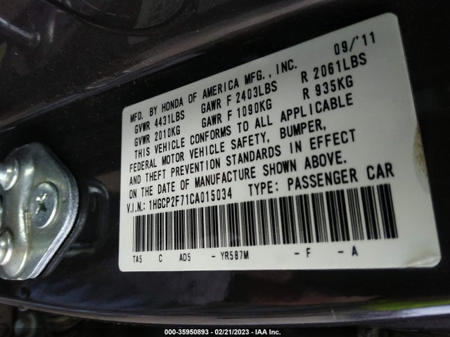 2012 HONDA ACCORD SDN EX VIN: 1HGCP2F71CA015034