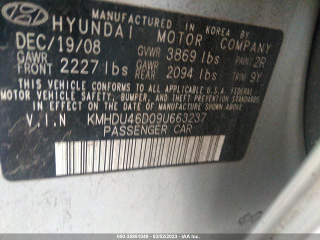 2009 HYUNDAI ELANTRA GLS VIN: KMHDU46D09U663237