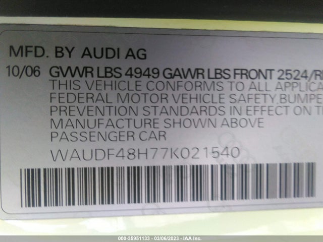 2007 AUDI A4 2.0T VIN: WAUDF48H77K021540
