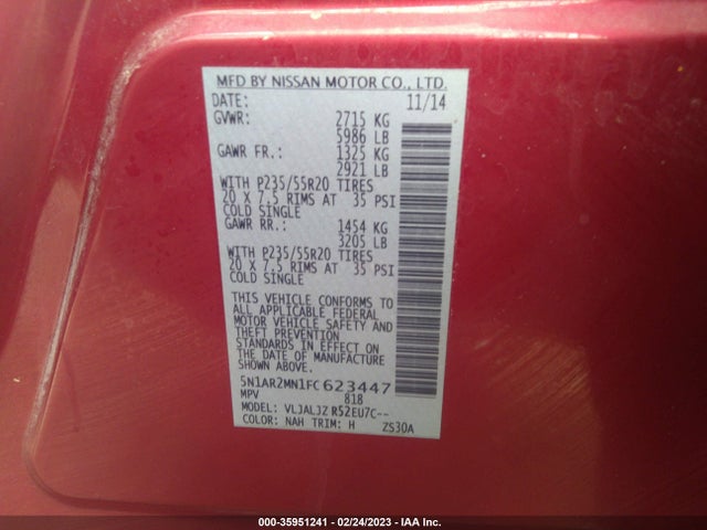 Nissan Pathfinder Platinum 2015 5N1AR2MN1FC623447 Image 11