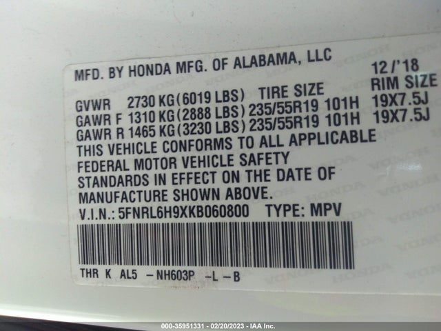 Honda Odyssey Elite 2019 5FNRL6H9XKB060800 Image 9