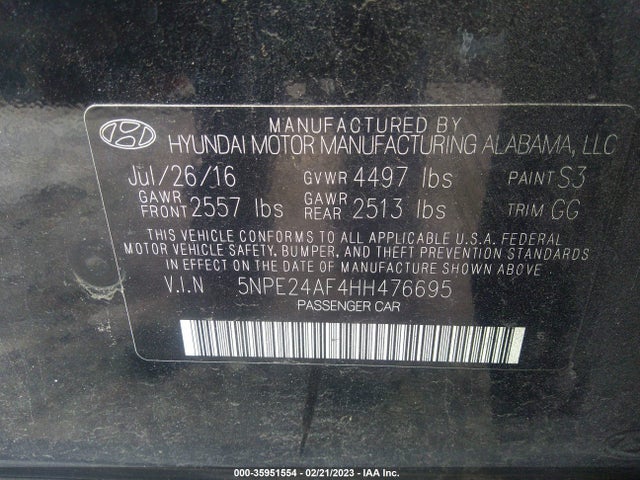 2017 HYUNDAI SONATA SE VIN: 5NPE24AF4HH476695