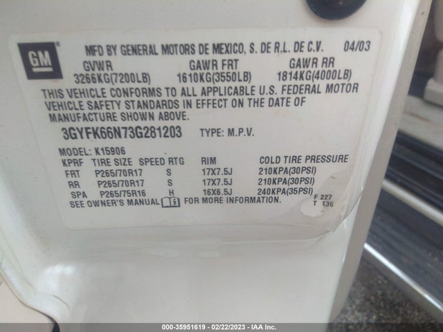Cadillac ESCALADE ESV 2003 3GYFK66N73G281203 Image 10