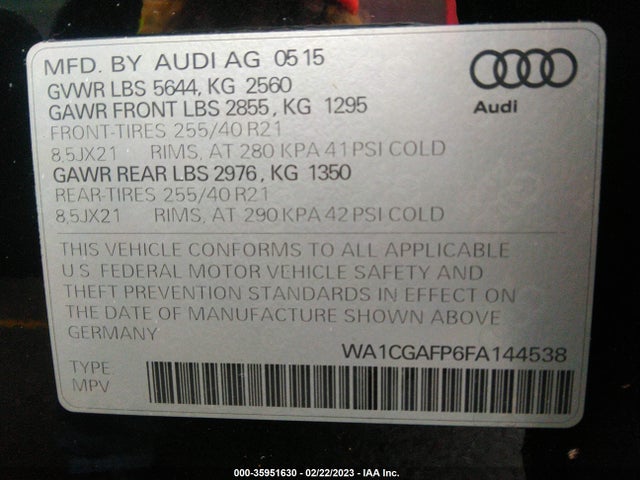 2015 Audi SQ5, VIN: WA1CGAFP6FA144538