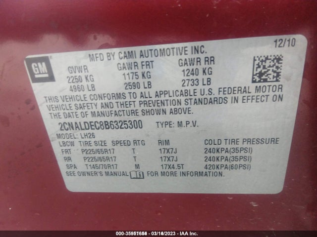 2011 CHEVROLET EQUINOX LT W/1LT VIN: 2CNALDEC8B6325300