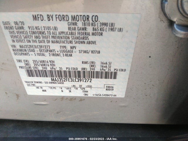2020 FORD ECOSPORT S VIN: MAJ3S2FE3LC391272