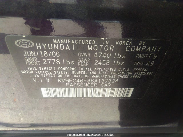 2006 HYUNDAI AZERA SE/LIMITED VIN: KMHFC46F36A137324