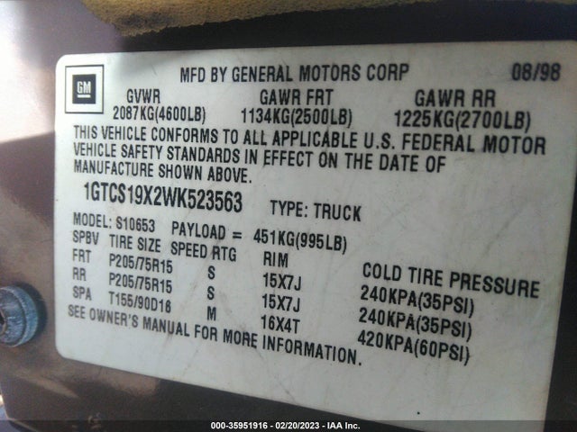 GMC Sonoma Sls 1998 1GTCS19X2WK523563 Image 10