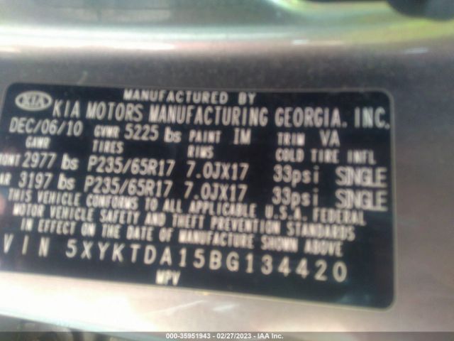 5XYKTDA15BG134420 KIA SORENTO LX
