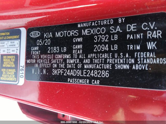 3KPF24AD9LE248286 KIA Forte Lxs