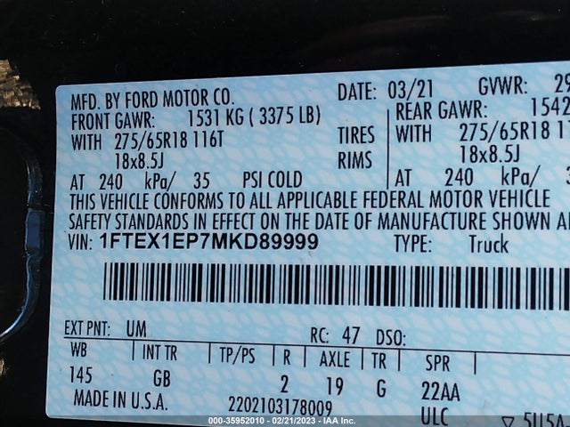 2021 FORD F-150 XL/XLT/LARIAT VIN: 1FTEX1EP7MKD89999