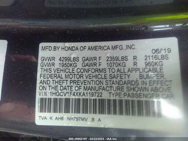 2019 HONDA ACCORD EX VIN: 1HGCV1F4XKA119722