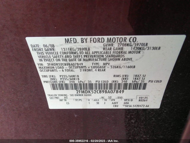 2009 FORD FLEX SEL VIN: 2FMDK52C89BA07849