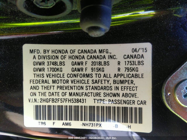2015 HONDA CIVIC SEDAN LX VIN: 2HGFB2F57FH538431