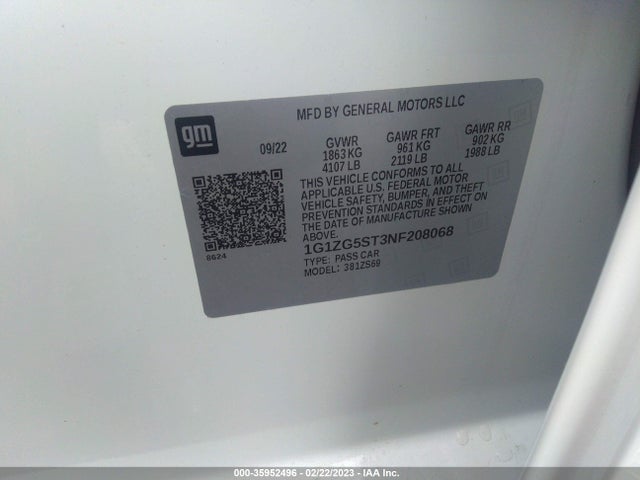 Aukcja sprzedaży 2022 Chevrolet Malibu Rs, vin: 1G1ZG5ST3NF208068, numer aukcji: 35952496