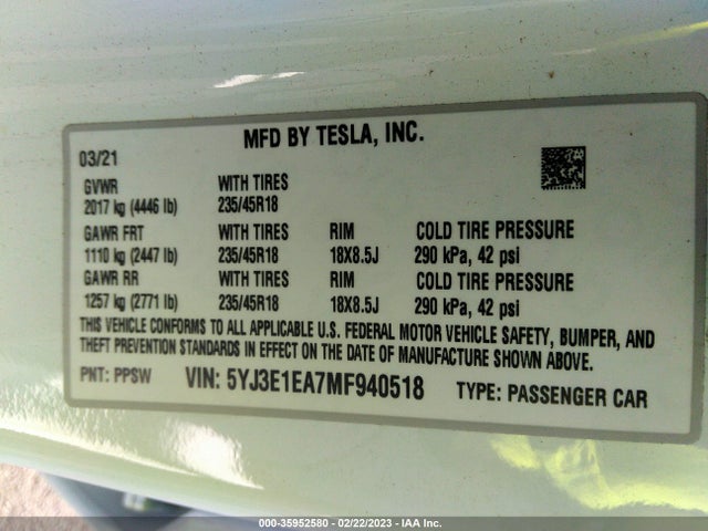 Tesla Model 3 Standard Range Plus 2021 5YJ3E1EA7MF940518 Image 11