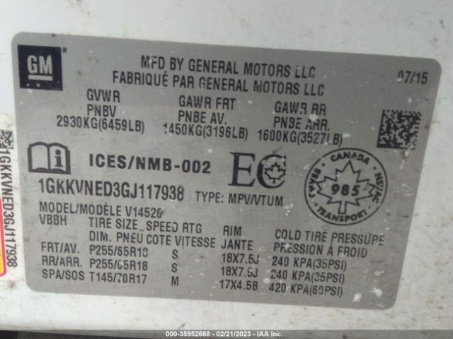 1GKKVNED3GJ117938 GMC ACADIA SLE