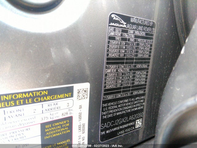 2020 JAGUAR F-PACE 30T PREMIUM VIN: SADCJ2GX2LA620392