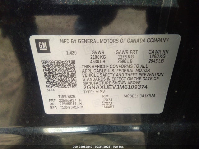 Chevrolet EQUINOX LT 2021 2GNAXUEV3M6109374 Image 9