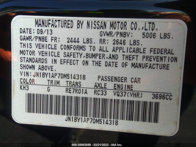 2013 INFINITI M37 VIN: JN1BY1AP7DM514318