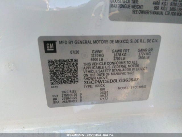 2020 CHEVROLET SILVERADO 1500 LT VIN: 3GCPWCED8LG363947