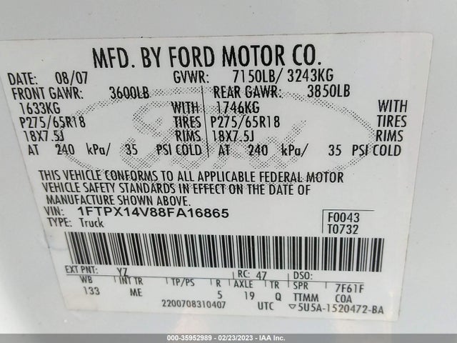 2008 FORD F-150 XLT/FX4/LARIAT/XL VIN: 1FTPX14V88FA16865