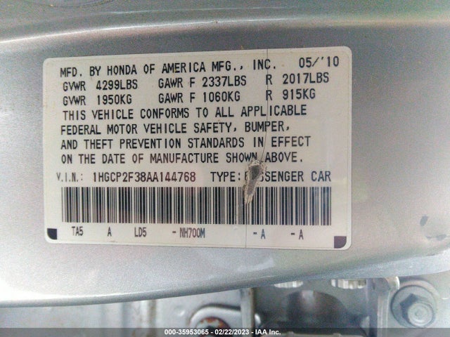 2010 HONDA ACCORD SDN LX VIN: 1HGCP2F38AA144768