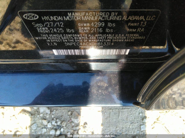 2013 HYUNDAI SONATA SE VIN: 5NPEC4ACXDH613314