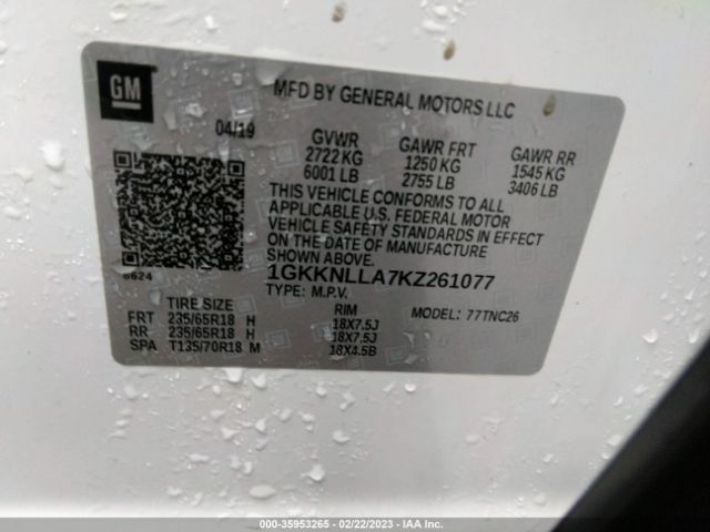 1GKKNLLA7KZ261077 GMC ACADIA SLE