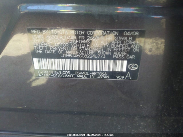 2008 LEXUS ES 350 VIN: JTHBJ46G082246773