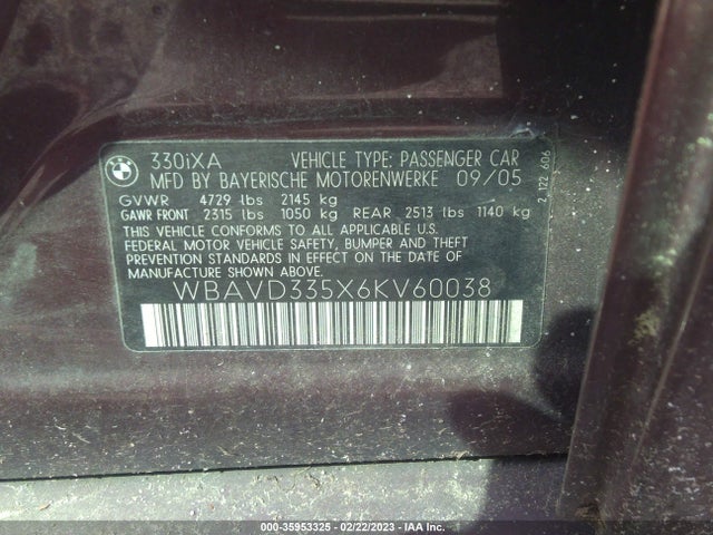 2006 BMW 3 SERIES 330XI VIN: WBAVD335X6KV60038
