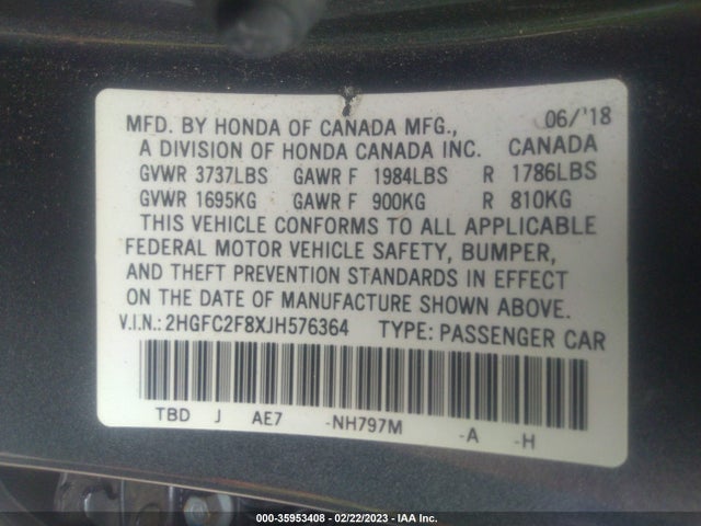 35953408 :رقم المزاد ، 2HGFC2F8XJH576364 vin ، 2018 Honda Civic Sedan Ex مزاد بيع