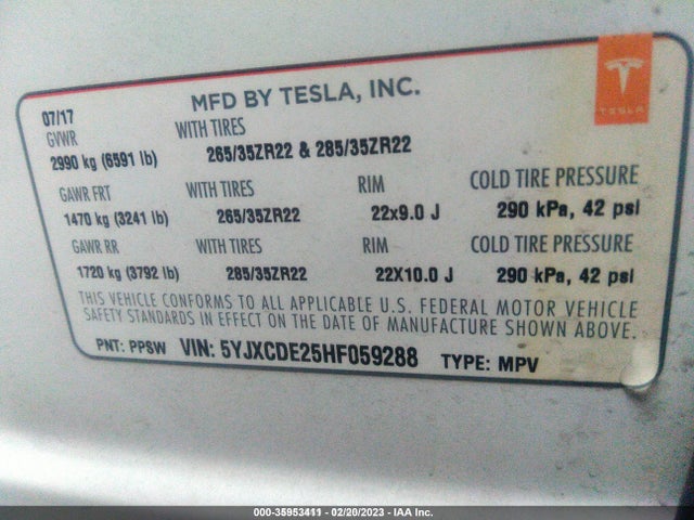 2017 Tesla Model X, VIN: 5YJXCDE25HF059288