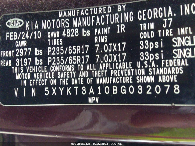 2011 KIA SORENTO LX VIN: 5XYKT3A10BG032078