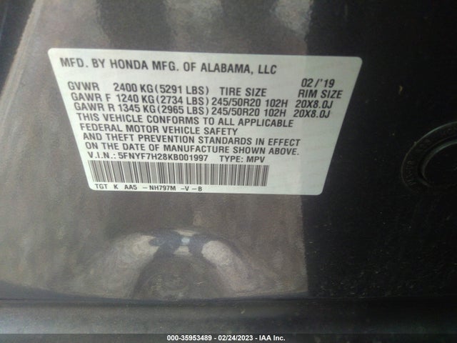 2019 Honda Passport, VIN: 5FNYF7H28KB001997