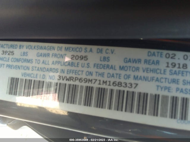 2001 VOLKSWAGEN JETTA GL VIN: 3VWRP69M71M168337
