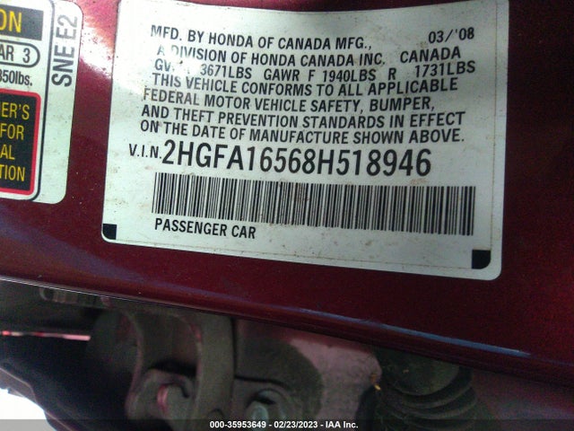 Honda Civic Sdn Lx 2008 2HGFA16568H518946 Image 10