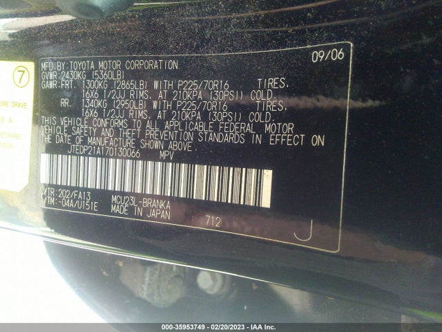 2007 TOYOTA HIGHLANDER W/3RD ROW/SPORT W VIN: JTEDP21A170130066