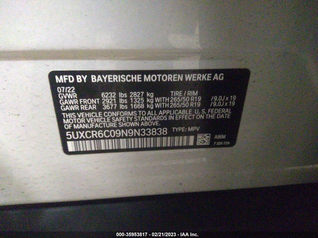 2022 BMW X5, VIN: 5UXCR6C09N9N33838