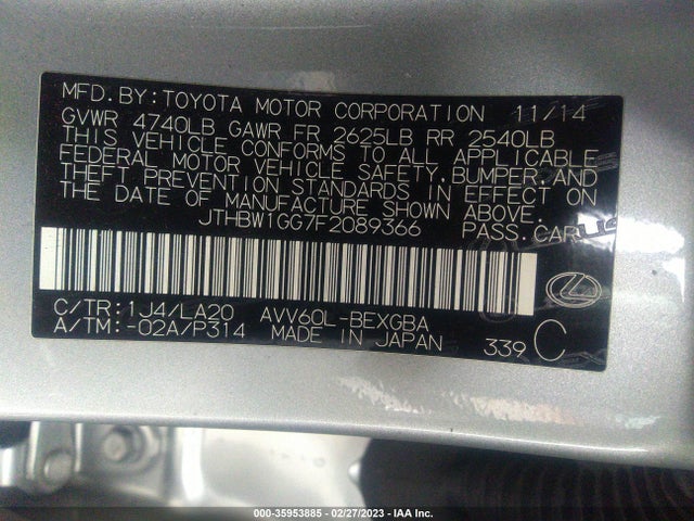 2015 Lexus ES, VIN: JTHBW1GG7F2089366